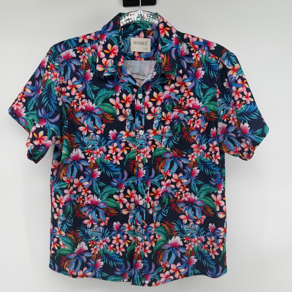 MOHEZ Kids Hawaiian Floral Print Short Sleeve Button Up Shirt Size 13-14Y